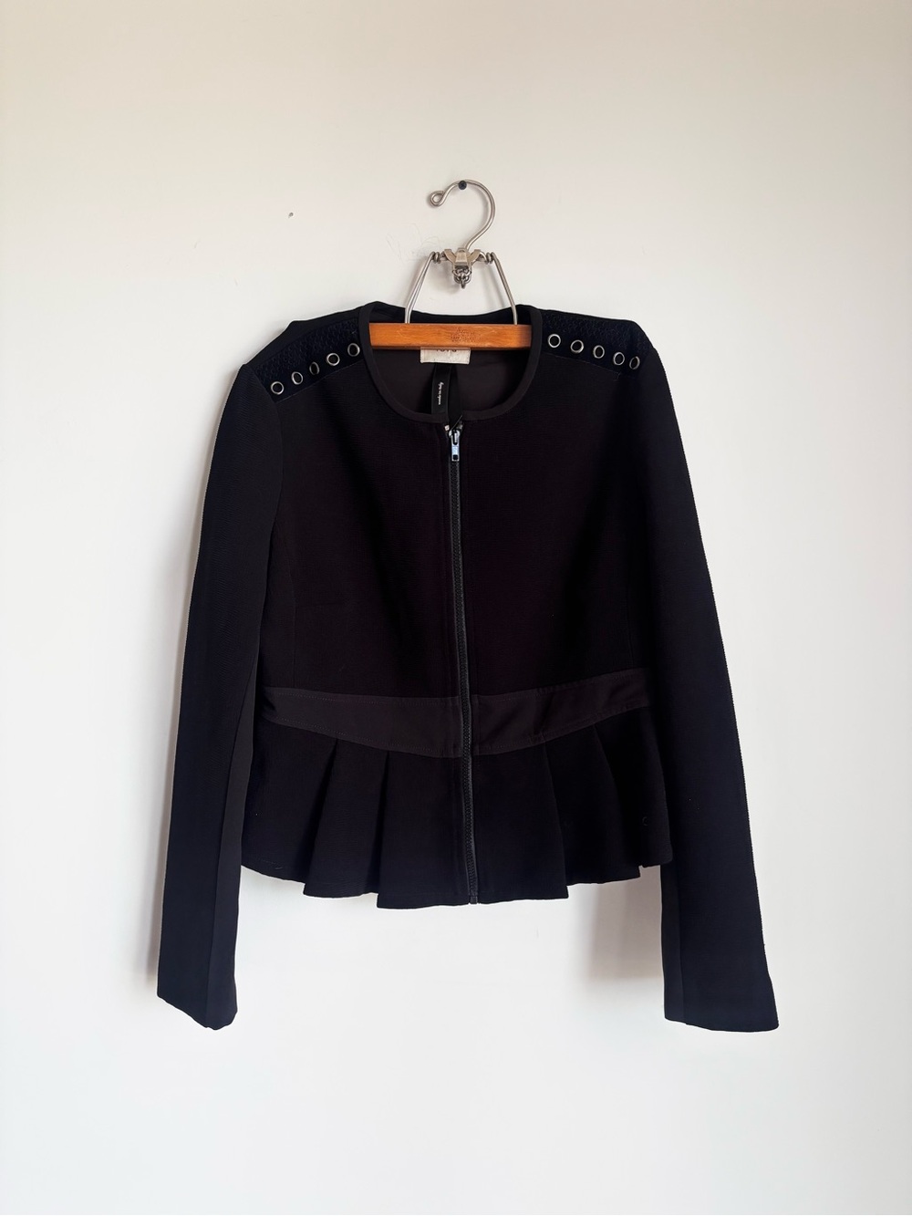 TOY G Made in Italy Black Grommet Pleated Peplum Zip Up Jacket